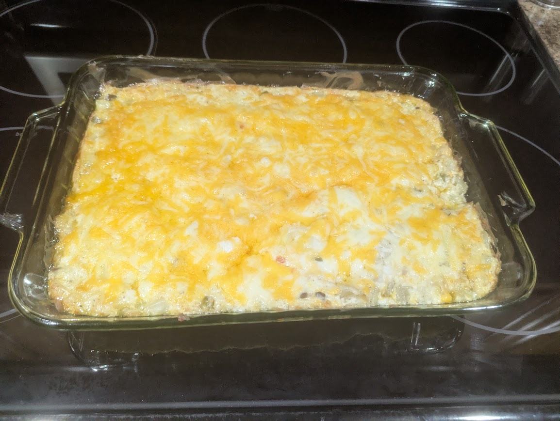Finished hashbrown casserole with melted Colby Jack cheese
