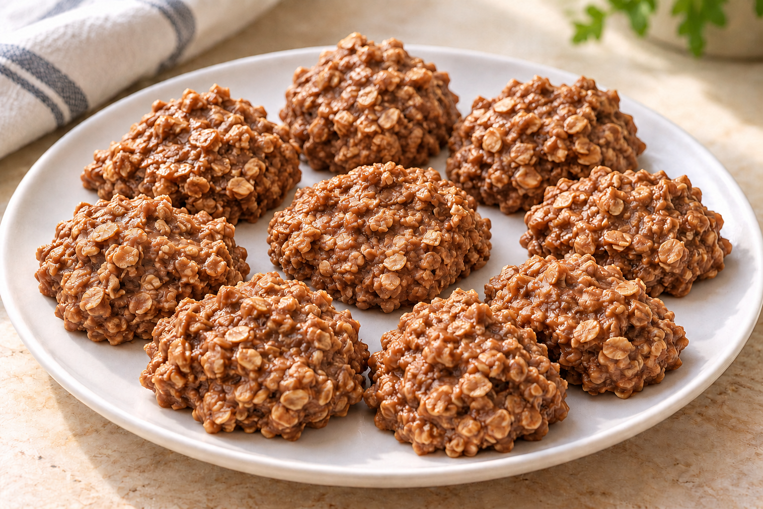 Plate of homemade chocolate peanut butter no bake cookies with visible oats